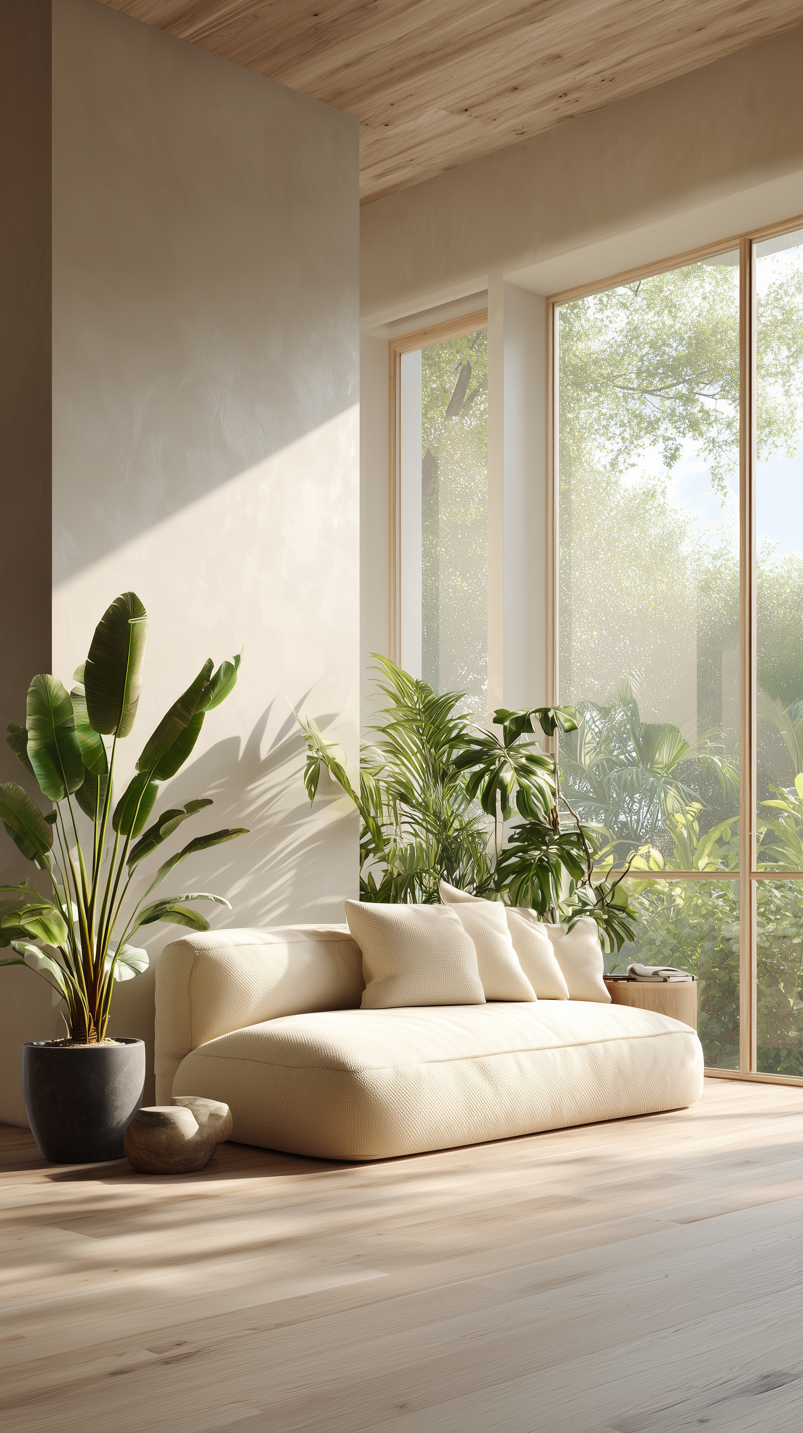 A cozy living room featuring furniture made from recycled wood and organic textiles