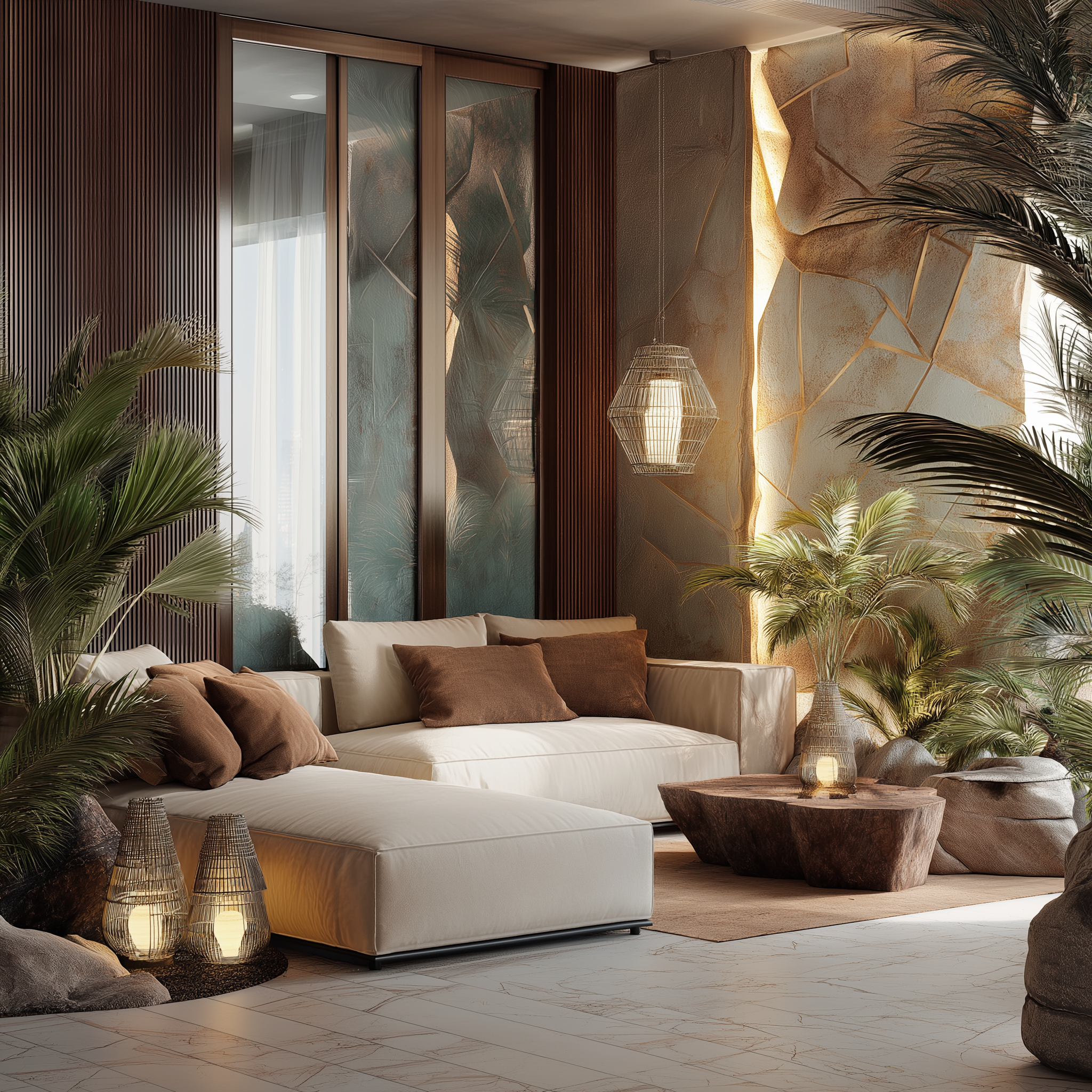 A serene bedroom showcasing natural stone accents and bamboo furniture