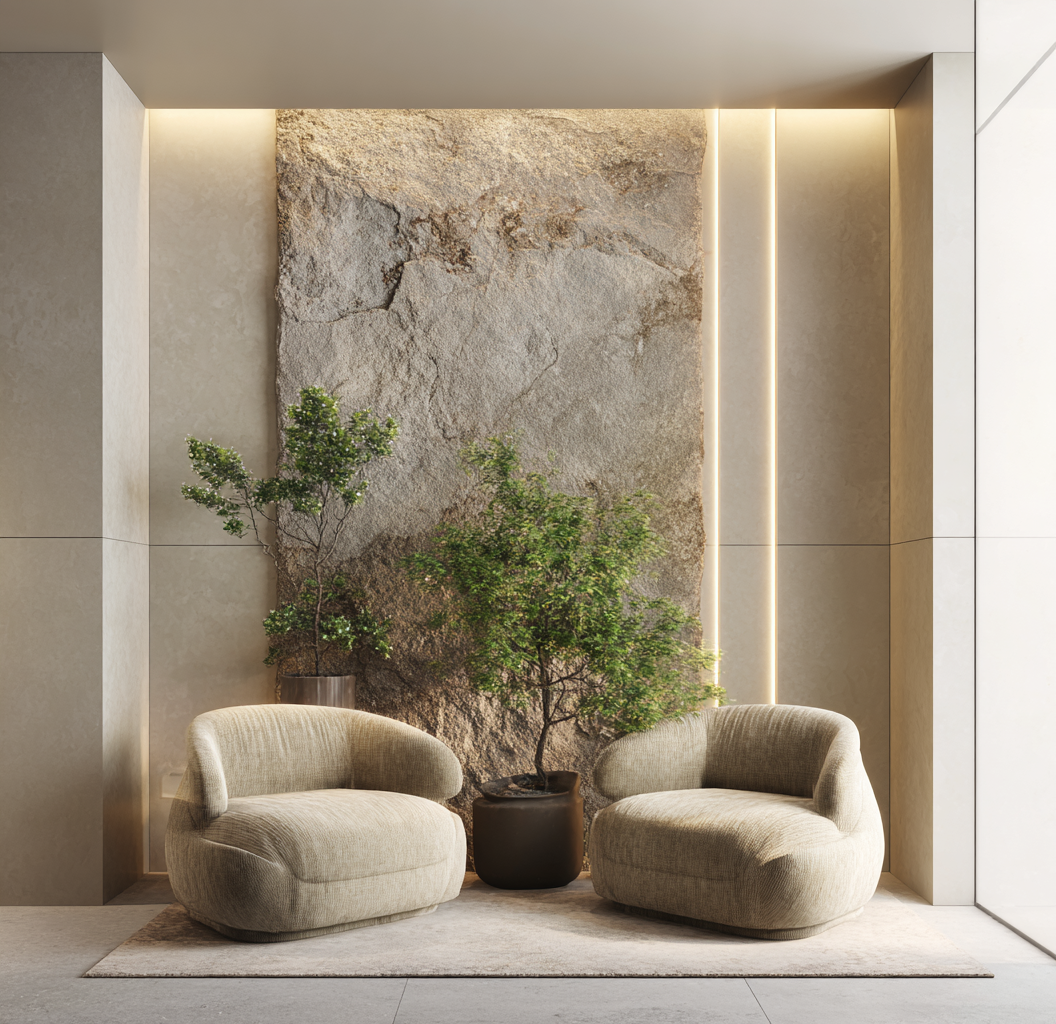 An indoor vertical garden thriving in a modern minimalist kitchen